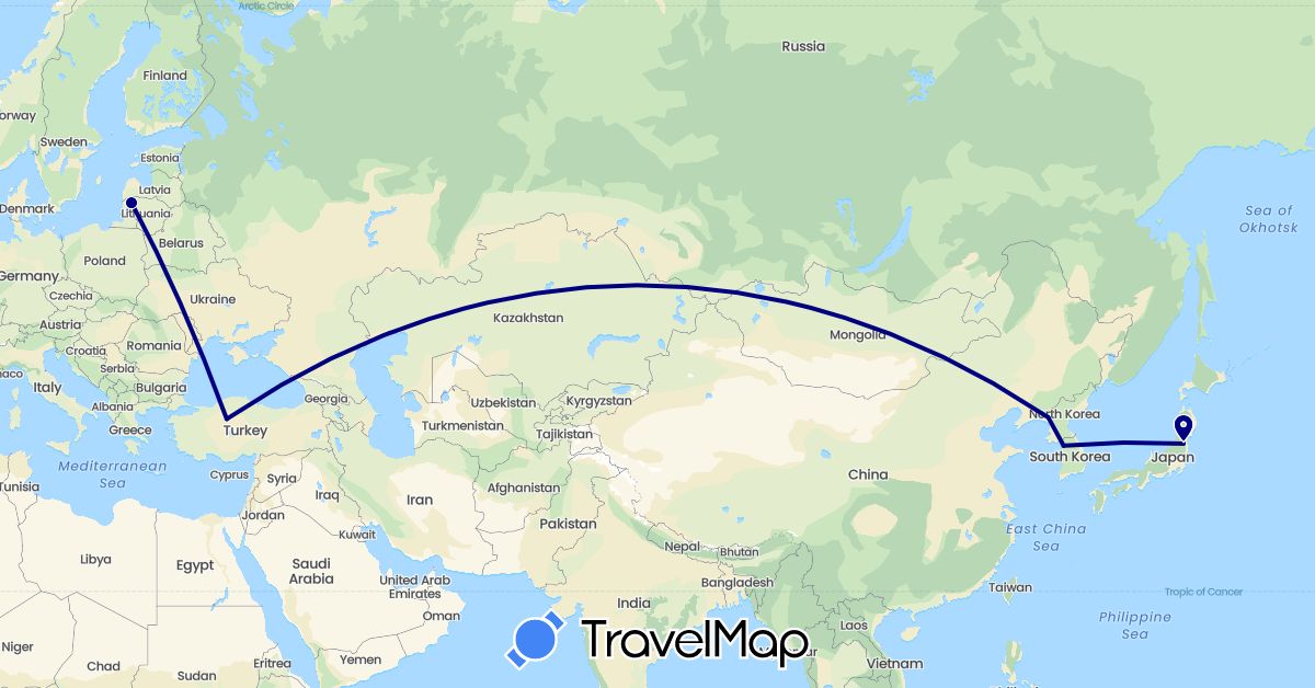 TravelMap itinerary: driving in Japan, North Korea, South Korea, Lithuania, Turkey (Asia, Europe)